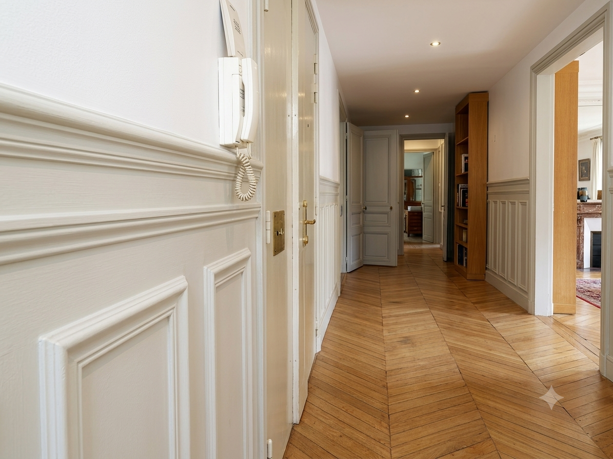 Couloir rénové : parquet point de Hongrie, moulures, peinture et spots encastrés — Paris et Île-de-France
